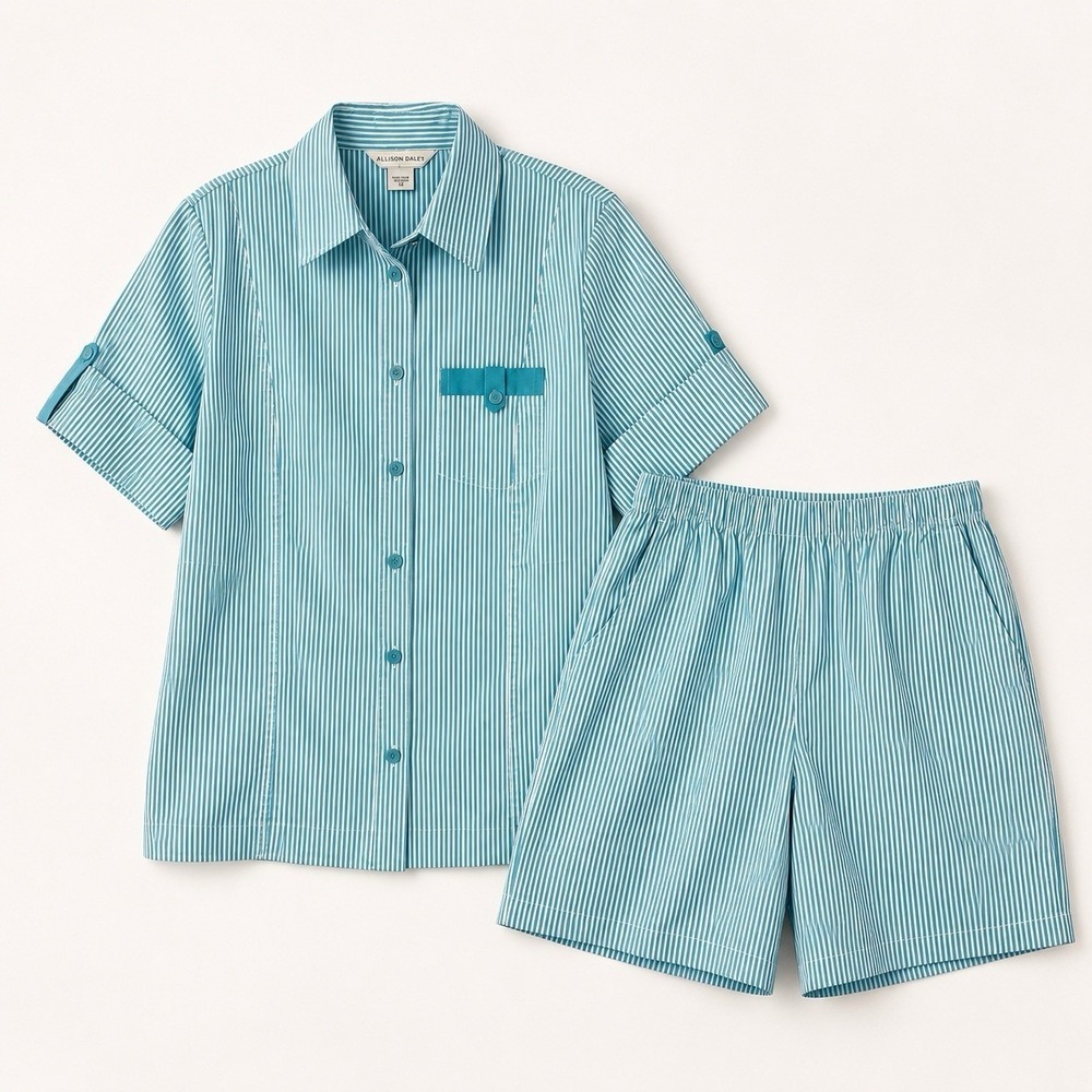 Vtg Allison Daly Striped Short Sets Sz 12 Teal Blue Coastal Resort Y2K‎ Nautical